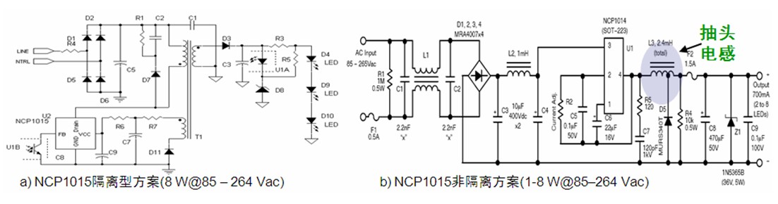 圖1：基于安森美半導(dǎo)體NCP1015的1至8 W隔離型(a)及非隔離型(b) LED照明方案