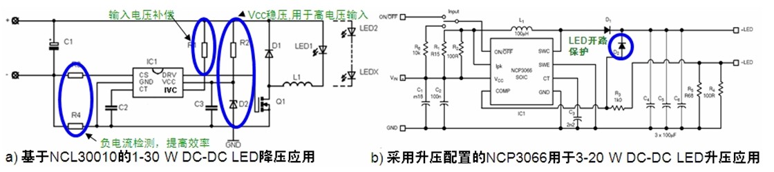 圖6：基于NCL30010的1-30 W LED降壓應(yīng)用和基于NCP3066的3-20 W LED升壓應(yīng)用