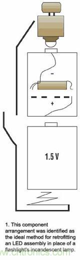 增壓電路在有兩節(jié)電池的手電筒中將代替的一節(jié)電池，LED裝置則代替白熾燈