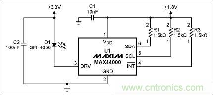 圖2：MAX44000典型電路，帶有發(fā)射器旁路