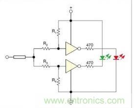 在雙門構(gòu)成的CMOS/TTL兼容探頭中，R1至R4電阻網(wǎng)絡(luò)對反相器輸入端做偏置