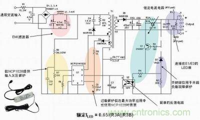 安森美半導(dǎo)體離線式第二代LED驅(qū)動器NCP1014/1028的應(yīng)用示意圖。