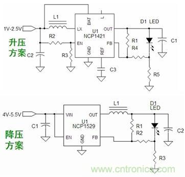 基于NCP1421的升壓型和基于NCP1529的降壓型1～3W手電筒LED應用