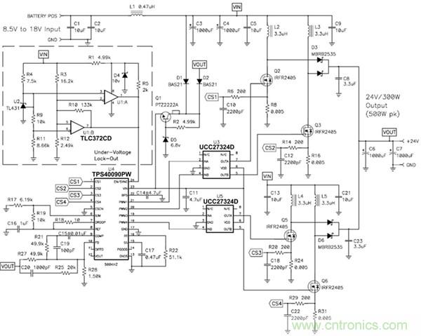 TPS40090 多相降壓控制器的 4 相、300W 升壓電源