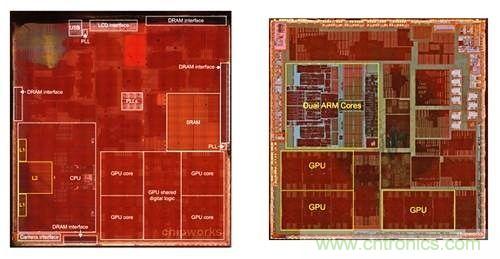 A7處理器(左)的電路布線與A6大不相同