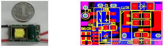 圖3：DU8613球泡燈應用實物圖及其PCB布線圖