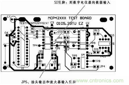 這是對(duì)圖2所示電路的第一次布線嘗試。此配置在模擬線路上產(chǎn)生不規(guī)律的噪聲，這是因?yàn)樵谔囟〝?shù)字走線上的數(shù)據(jù)輸入碼隨著數(shù)字電位器的編程需求而改變。