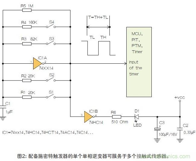 如何用單個(gè)施密特觸發(fā)器測量兩個(gè)電阻式傳感器或多個(gè)開關(guān)？